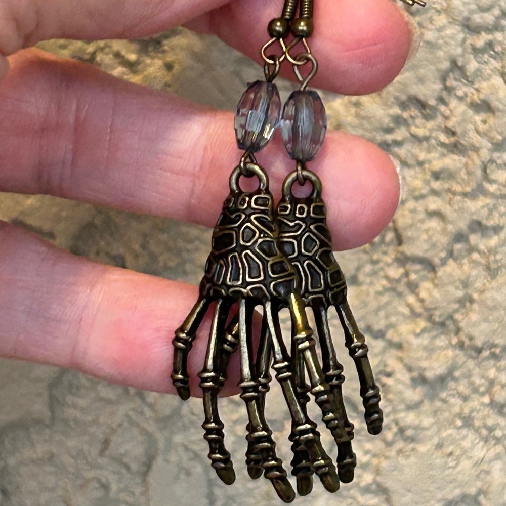 Eclectic Bronze Skeleton Hand Earrings